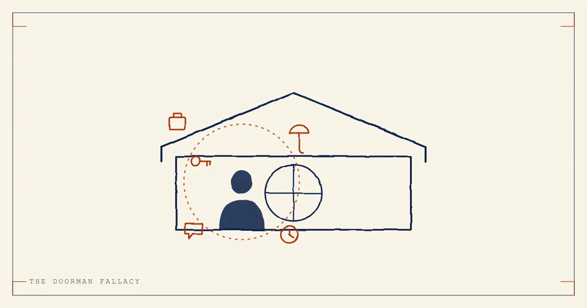 Line drawing of a faceless hotel doorman under a canopy, with suitcase, umbrella, clock and key icons orbiting his head on a dashed line.