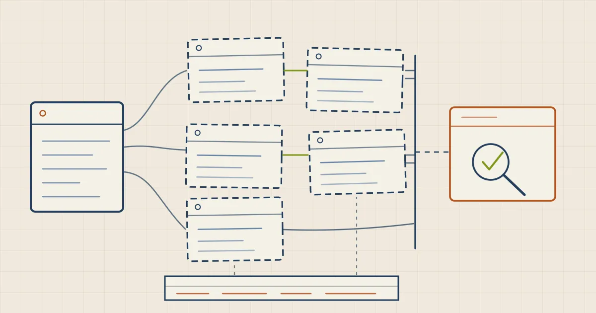A large task block split into separate isolated context cards running side by side, with a shared state file below and a separate reviewer card checking the merged output.