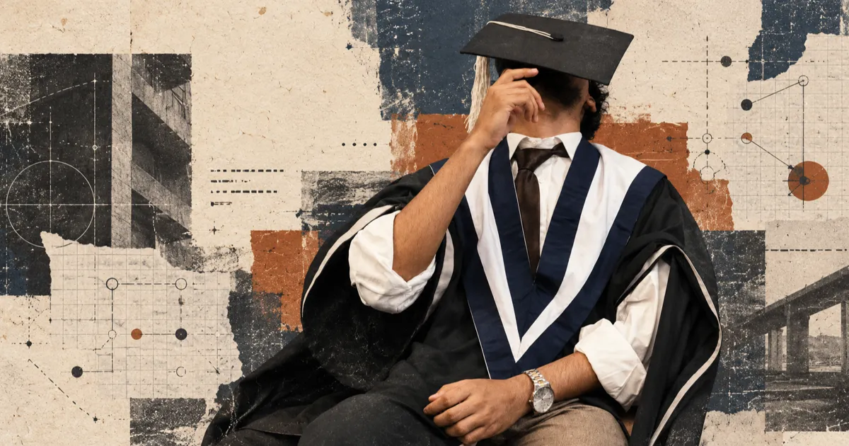 Abdul Samad seated in graduation robes with his cap covering his face, set against a muted paper collage of code marks and node diagrams.