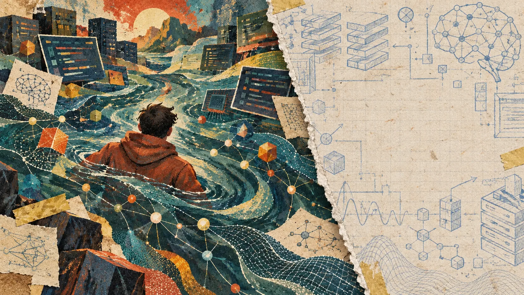Torn collage: a lone figure, seen from behind, wading through painted
           cobalt water strung with code windows and node graphs, the sheet torn
           open on the right onto blueprint graph paper.